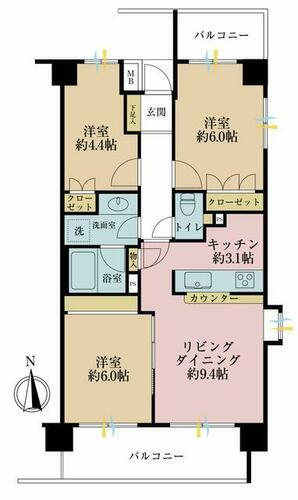 松戸パークホームズ ３ＬＤＫ、専有面積６３．０６平米、バルコニー面積１１．８７平米
