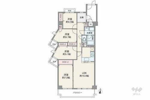 レジオン住吉川 専有面積88.44平米の4LDK。全居室が洋室仕様。LD横の洋室は、リビングと繋げて使えます。