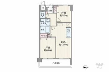 サンシャイン西芦屋 間取りは専有面積51.3平米の2LDK。全居室洋室仕様。洋室1部屋は、LDKを通って出入りします。