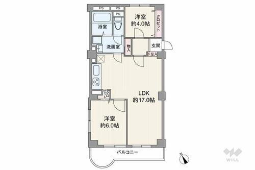 チボリ桜台ハイツ３号棟 間取りは専有面積62.3平米の2LDK。水廻りが1か所にまとめられ家事動線良好。