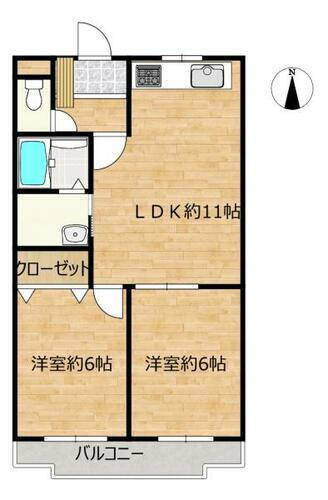 グランドヒル聖 【間取り図】２LDKのお部屋です。リビングと洋室２部屋あります。南向きで温かい陽射しとともに生活できる