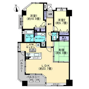 コアマンション桜坂プレジオ参番館 約９７．２６平米のゆったりとした３LDK。３面採光の角住戸です。
