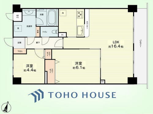 マートルコート横浜根岸 2LDK　専有面積60.27平米、バルコニー面積7.08平米