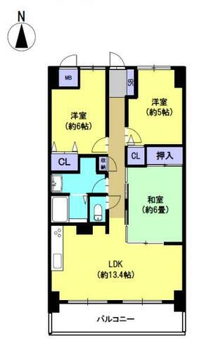 ロイヤルイーストヒル新川 【間取り図】約13.4帖のLDKと洋室2部屋、和室1部屋の3LDKの物件です。和室には廊下からもリビングからも出