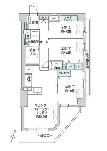 グレイス蒲田東 専有面積63.30㎡。全居室開口部のある明るい3LDK。