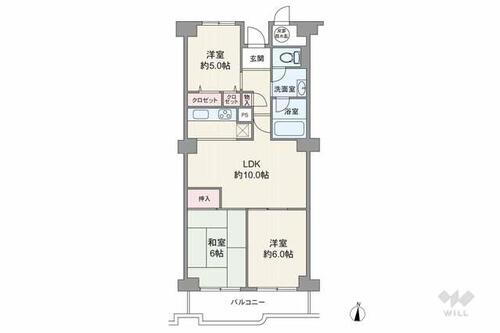 サンハイツ宝塚五月台Ａ棟 間取りは専有面積66平米の3LDK。LDK約10帖のセンターリビングのプラン。