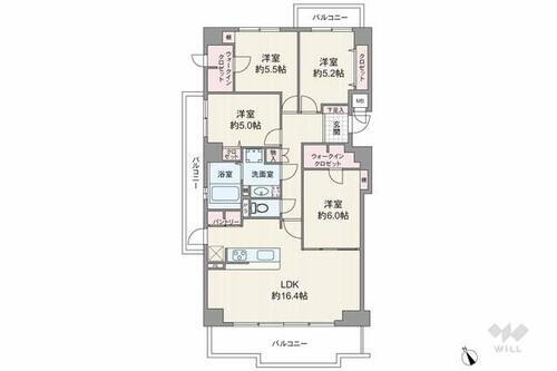 パークハウス猪名川壱番街Ａ棟 専有面積93.11平米の4LDK。パントリーやウォークインクロゼット等収納が豊富。