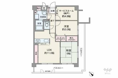 エーベル武庫之荘参番館 L字型のバルコニーに居室3部屋が面したプラン。LDKと和室を繋げてより大きな空間としても使用可。