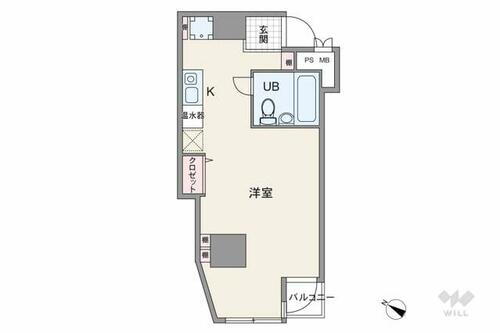 シルバープラザ五反田 間取りは専有面積26.30平米の1R。室内廊下部分が分かれておらず、居室スペースを広くとったプラン。