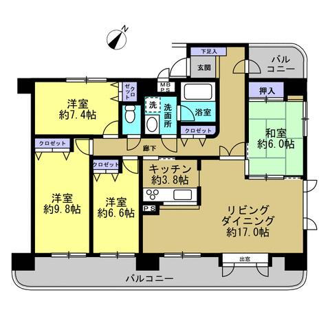 ライオンズマンション苫小牧錦町 【間取図】洋室３部屋、和室１部屋の４LDK。所在階１2階の為、眺望良好。壁芯100平米越えのゆとりある住宅