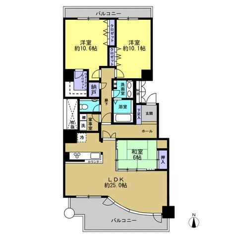 ラ・ビスタ宝塚ラ・メゾン 【間取り図】南向き３SLDKのお家です。リビングは、約25.0帖の広さがあるので、ソファーとテレビを置くこと