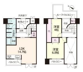 カプリース茶屋町東 ≪間取り図≫ メゾネットタイプで 専有面積74.11平米 バルコニー面積20.39平米