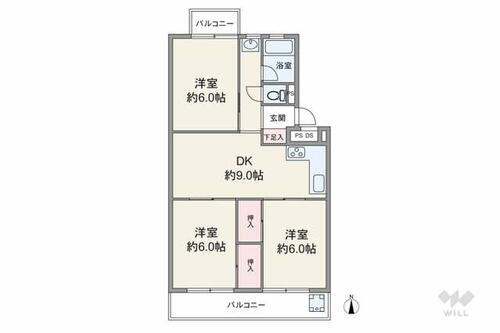 コーポ清Ｂ棟 間取りは専有面積56.11平米の3DK。全個室6帖以上・センターインのプラン。