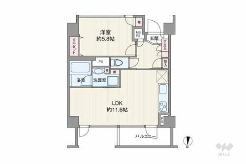 高輪タウンハウス 間取りは専有面積41.87平米の1LDK。室内廊下が短く居住スペースを広く確保したプラン。
