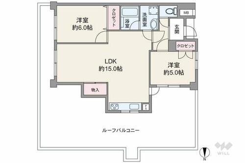 サンシャイン西芦屋 間取りは専有面積57.78平米の2LDK。広々としたルーフバルコニーが魅力のプラン。