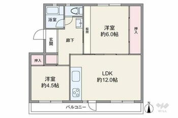 富田第２住宅６２号棟 間取りは専有面積46.77平米の2LDK。バルコニー面積は9平米（概算）です。
