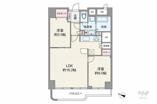 東急ドエル摩耶 間取りは専有面積63.65平米の2LDK。LDKを通って個室にアクセスするプラン。