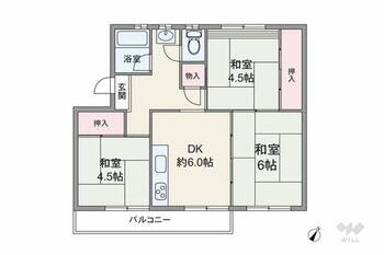 箕面如意谷住宅１４棟 間取りは専有面積51.36平米の3DK。DK約6.0帖のプラン。バルコニー面積は6.33平米です。
