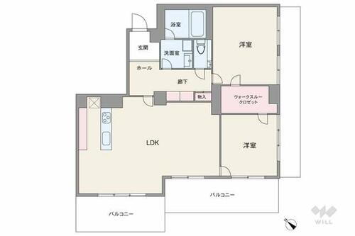 三旺マンション覚王山Ｂ棟 全居室がバルコニーに面した開放感のあるプラン。洋室の間には収納力のあるウォークスルークロゼットも