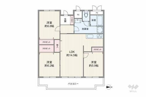 豊中本町アーバンライフ 間取りは専有面積76.35平米の3LDK。LDKと洋室2部屋がバルコニーに面したワイドスパンプラン。