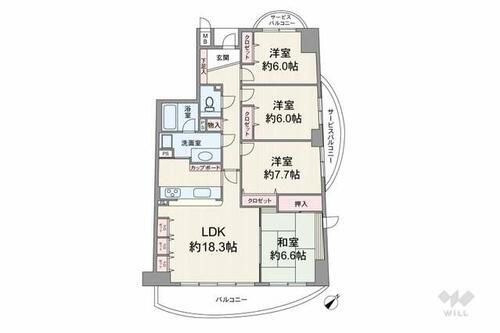 藤和箕面ホームズＡ棟 間取りは専有面積98.07平米の4LDK。LDK約18.3帖、全部屋6帖以上のゆとりあるプラン。