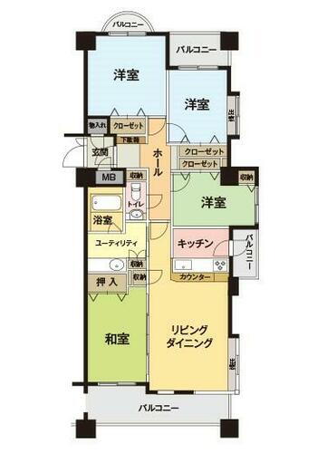 アパガーデンパレス札幌駅西 間取りは広々とした４ＬＤＫ。各居室に収納付き。角部屋の為３面採光になっており、全体が明るい住宅です。