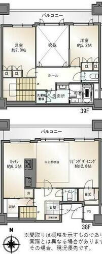 ビオール大阪大手前タワー 専有面積９４．４１ｍ２、バルコニー面積２０．１２ｍ２。戸建のように居住空間を分けられるメゾネット。