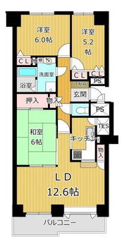 ロイヤルシャトー湯川 3LDK、価格1280万円、専有面積69.59m<sup>2</sup>、バルコニー面積11.99m<sup>2</sup> 