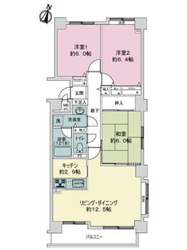 ライオンズヴィアーレ北大 3LDK、価格1830万円、専有面積77.55m<sup>2</sup>、バルコニー面積7.42m<sup>2</sup> 