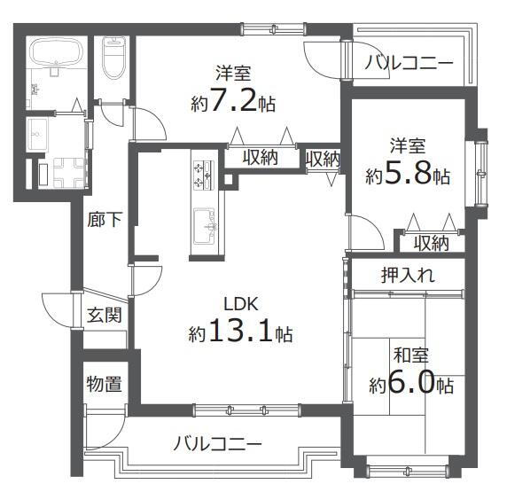 エクセルシオール北３４条 3LDK、価格2490万円、専有面積74.78m<sup>2</sup>、バルコニー面積11.11m<sup>2</sup> 【間取り図】<BR>西・南・東向きの三方角部屋、3LDK。<BR>全居室収納あり、バルコニーにも便利な物置がございます。