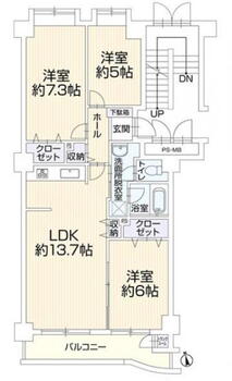 じょうてつドエル新札幌 3LDK、価格1650万円、専有面積69.11m<sup>2</sup>、バルコニー面積7.26m<sup>2</sup> 