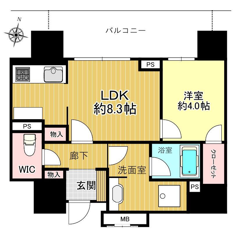 ブランズタワー札幌大通公園 1LDK、価格4100万円、専有面積37.82m<sup>2</sup>、バルコニー面積9.48m<sup>2</sup> 