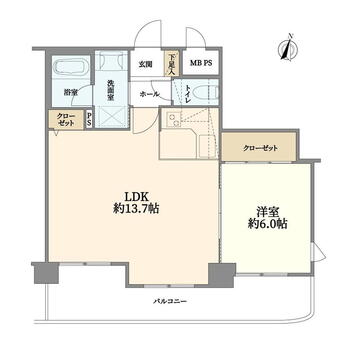 ライオンズマンション北２２条 1LDK、価格1450万円、専有面積48.58m<sup>2</sup>、バルコニー面積11.22m<sup>2</sup> 