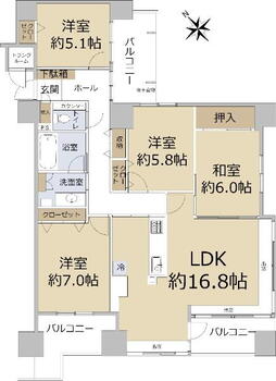 ロジェ北４０条ツインコートウエスト 4LDK、価格2380万円、専有面積93.1m<sup>2</sup>、バルコニー面積19.2m<sup>2</sup> 