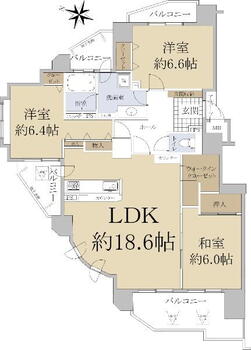 ダイアパレスアクアスプリングス札幌 3LDK、価格2480万円、専有面積87.97m<sup>2</sup>、バルコニー面積18.75m<sup>2</sup> 