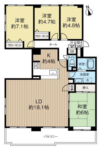 コープ野村南郷通 4LDK、価格2180万円、専有面積98.89m<sup>2</sup>、バルコニー面積14.2m<sup>2</sup> 