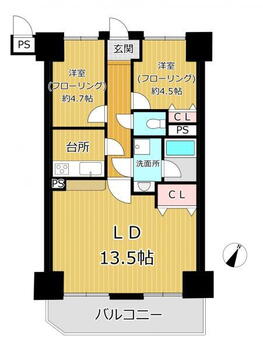 ライオンズマンション函館湯の川 2LDK、価格1280万円、専有面積61.77m<sup>2</sup>、バルコニー面積8.42m<sup>2</sup> 