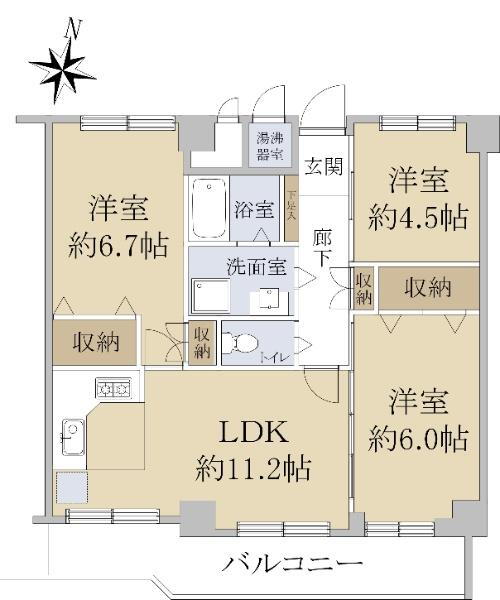 上杉パークマンション 3LDK、価格1850万円、専有面積62.73m<sup>2</sup>、バルコニー面積8.88m<sup>2</sup> 