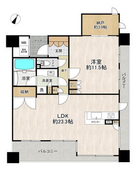 シティハウス仙台中央 1LDK+S（納戸）、価格5300万円、専有面積82.38m<sup>2</sup>、バルコニー面積19.54m<sup>2</sup> 