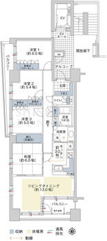 サーパス南通 4LDK、価格2400万円、専有面積90.72m<sup>2</sup>、バルコニー面積21.26m<sup>2</sup> 