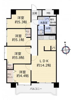 ライオンズマンション本町 4LDK、価格2599万円、専有面積76.5m<sup>2</sup>、バルコニー面積8.54m<sup>2</sup> （間取）家族みんなで個室が持てる４ＬＤＫのゆとりある間取り。