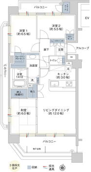 サンデュエル泉 3LDK、価格2080万円、専有面積75.42m<sup>2</sup>、バルコニー面積25.34m<sup>2</sup> 