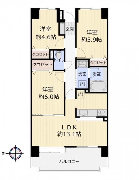 ヴィルヌーブ八幡 3LDK、価格2780万円、専有面積65.05m<sup>2</sup>、バルコニー面積10.5m<sup>2</sup> （間取）全居室フローリングの３ＬＤＫタイプ。各お部屋にしっかり収納スペース付き。