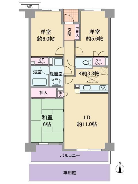 ファミール南仙台グランデージ 3LDK、価格1880万円、専有面積67.33m<sup>2</sup>、バルコニー面積7.58m<sup>2</sup> 専用庭付き、戸建て感覚でお住まいになれます。
