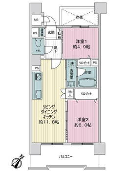 トーカンマンション上の橋 2LDK、価格1780万円、専有面積54.19m<sup>2</sup>、バルコニー面積10.62m<sup>2</sup> 