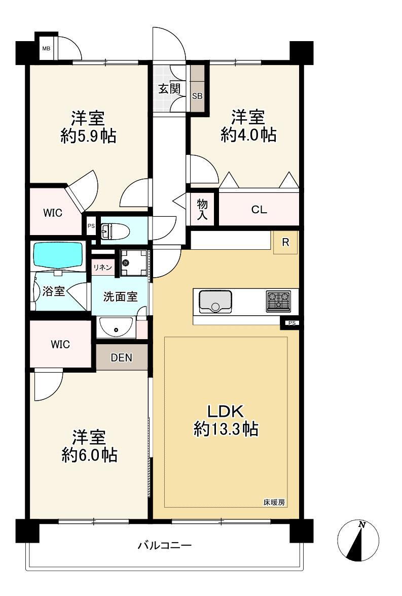 ゼファー中十条アクタージュ 3LDK、価格8499万円、専有面積64.26m<sup>2</sup>、バルコニー面積12.6m<sup>2</sup> 