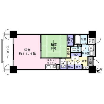 中銀ライフケア横浜・港北 1LDK、価格480万円、専有面積54.46m<sup>2</sup>、バルコニー面積7.04m<sup>2</sup> 