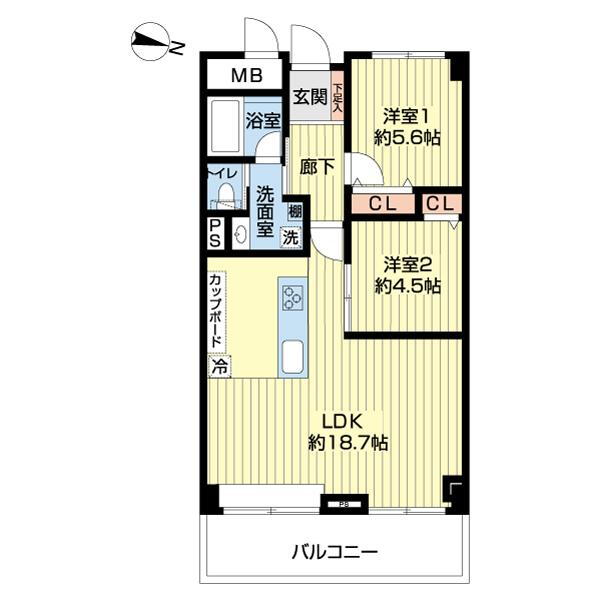 多摩川ハウス 2LDK、価格4490万円、専有面積63.21m<sup>2</sup>、バルコニー面積8.49m<sup>2</sup> 