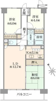 コスモ市川エルミタージュ 3LDK、価格2880万円、専有面積70.8m<sup>2</sup>、バルコニー面積8.85m<sup>2</sup> 間取り図