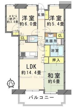 ヴェルシティ古河３番館 3LDK+S（納戸）、価格1590万円、専有面積76.98m<sup>2</sup>、バルコニー面積12.03m<sup>2</sup> 